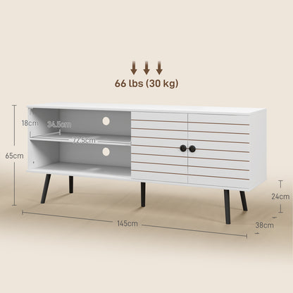 Lare 145cm Wooden White TV Unit With Stripe Doors Open Shelves And Wooden Legs