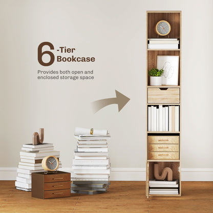 Lamoke Colu Wooden Natural Finish Tall Narrow 6 Tier Bookcase With Drawer And Door