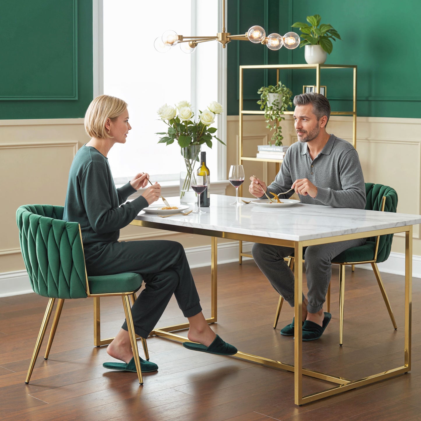 Sosura Set Of 2 Dark Green Velvet Upholstered Dining Chairs With Woven Backrest