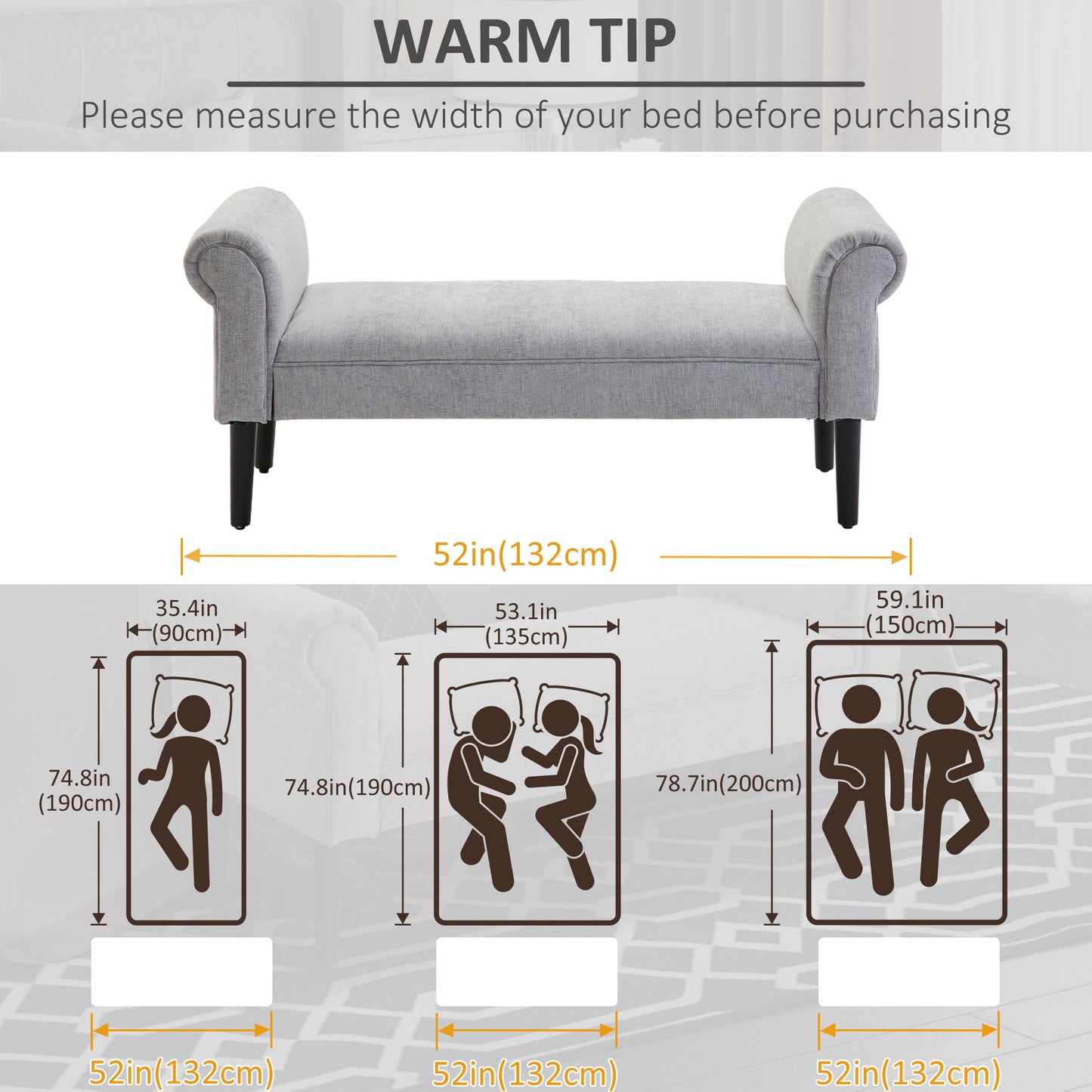 Bapazi Fabric Grey Upholstered Bed End Bench With Arm And Wooden Legs