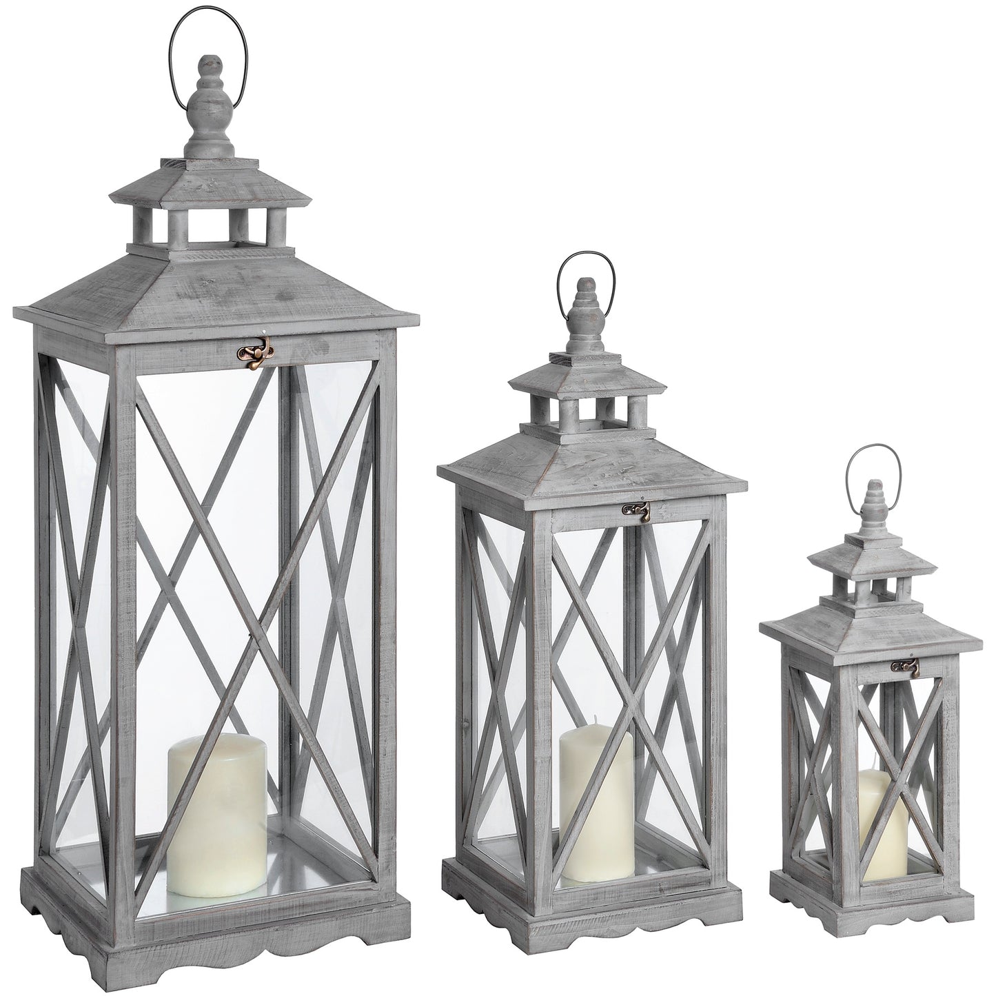 Set Of Three Grey Wooden Lanterns With Glass Panel and Traditional Cross Section