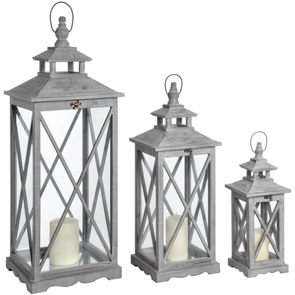 Set Of Three Grey Wooden Lanterns With Glass Panel and Traditional Cross Section