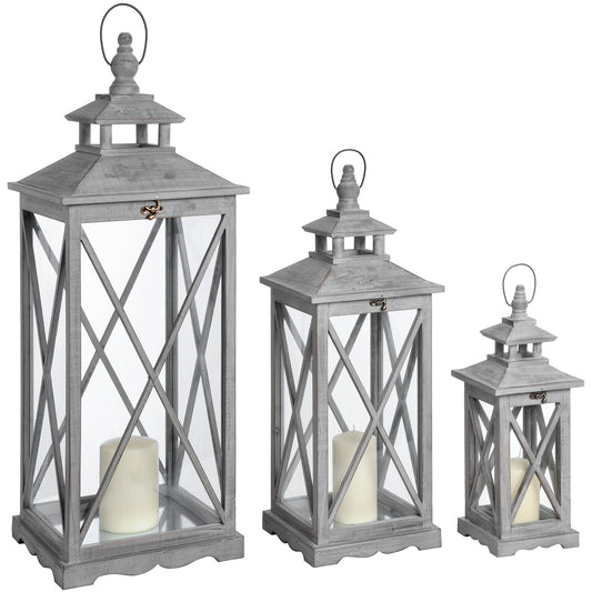 Set Of Three Grey Wooden Lanterns With Glass Panel and Traditional Cross Section