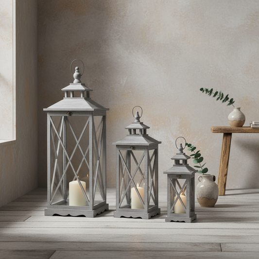 Set Of Three Grey Wooden Lanterns With Glass Panel and Traditional Cross Section
