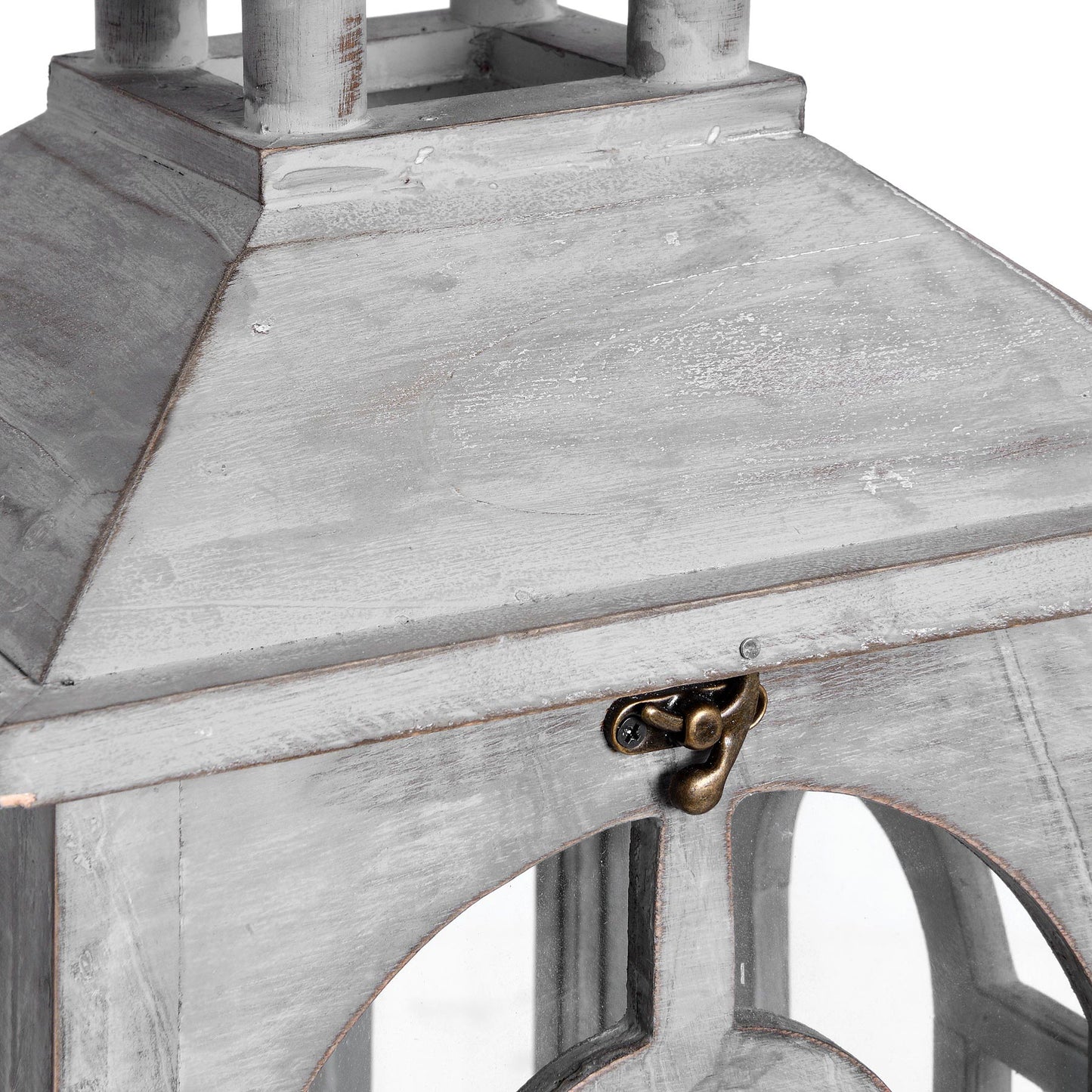 Set Of Three Grey Washed Wooden Lanterns With Archway Design with Handle