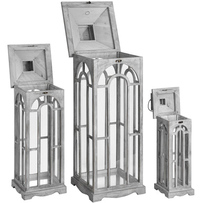 Set Of Three Grey Washed Wooden Lanterns With Archway Design with Handle