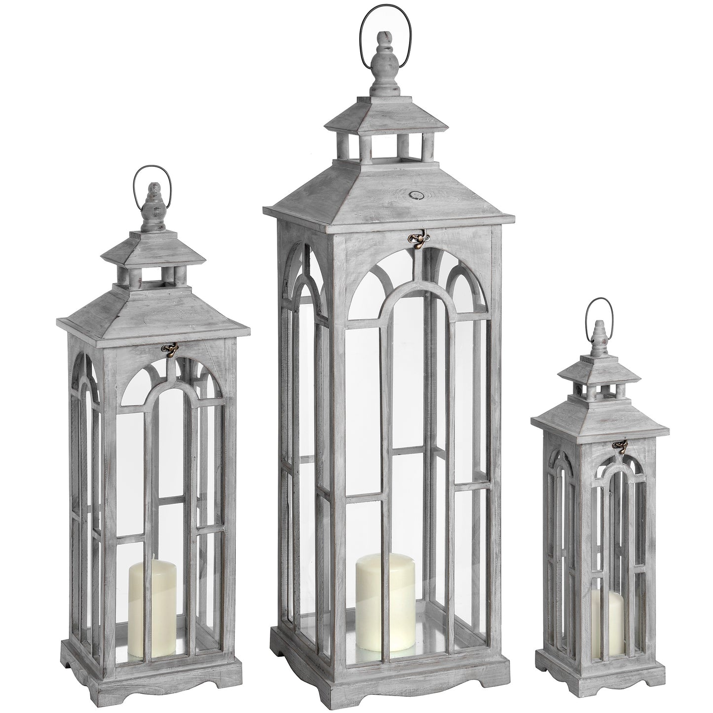 Set Of Three Grey Washed Wooden Lanterns With Archway Design with Handle