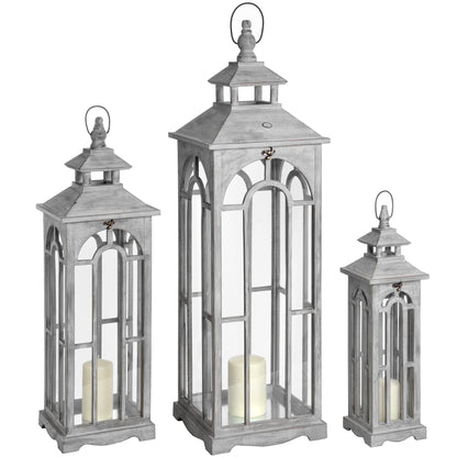 Set Of Three Grey Washed Wooden Lanterns With Archway Design with Handle