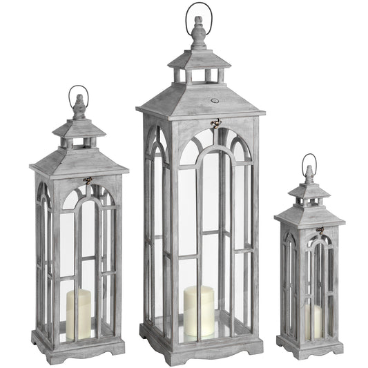 Set Of Three Grey Washed Wooden Lanterns With Archway Design with Handle