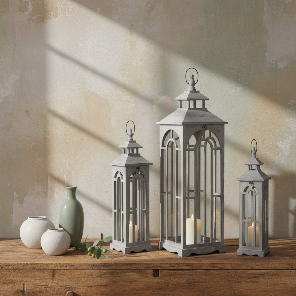 Set Of Three Grey Washed Wooden Lanterns With Archway Design with Handle