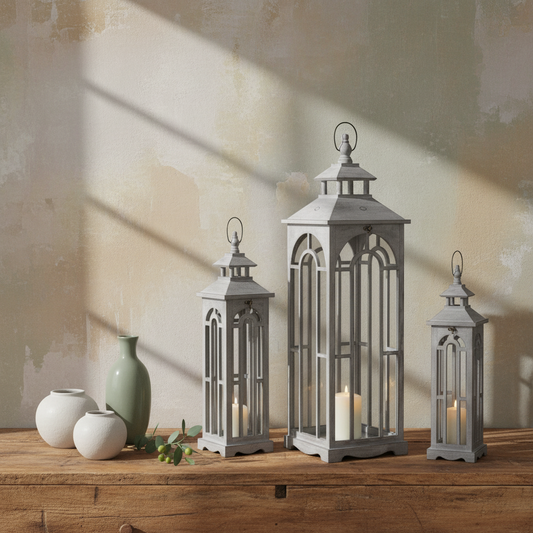 Set Of Three Grey Washed Wooden Lanterns With Archway Design with Handle