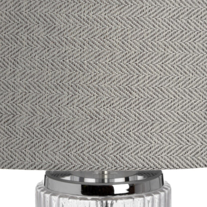 Florence Ribbed Clear Glass Table Lamp with Grey Herringbone Shade