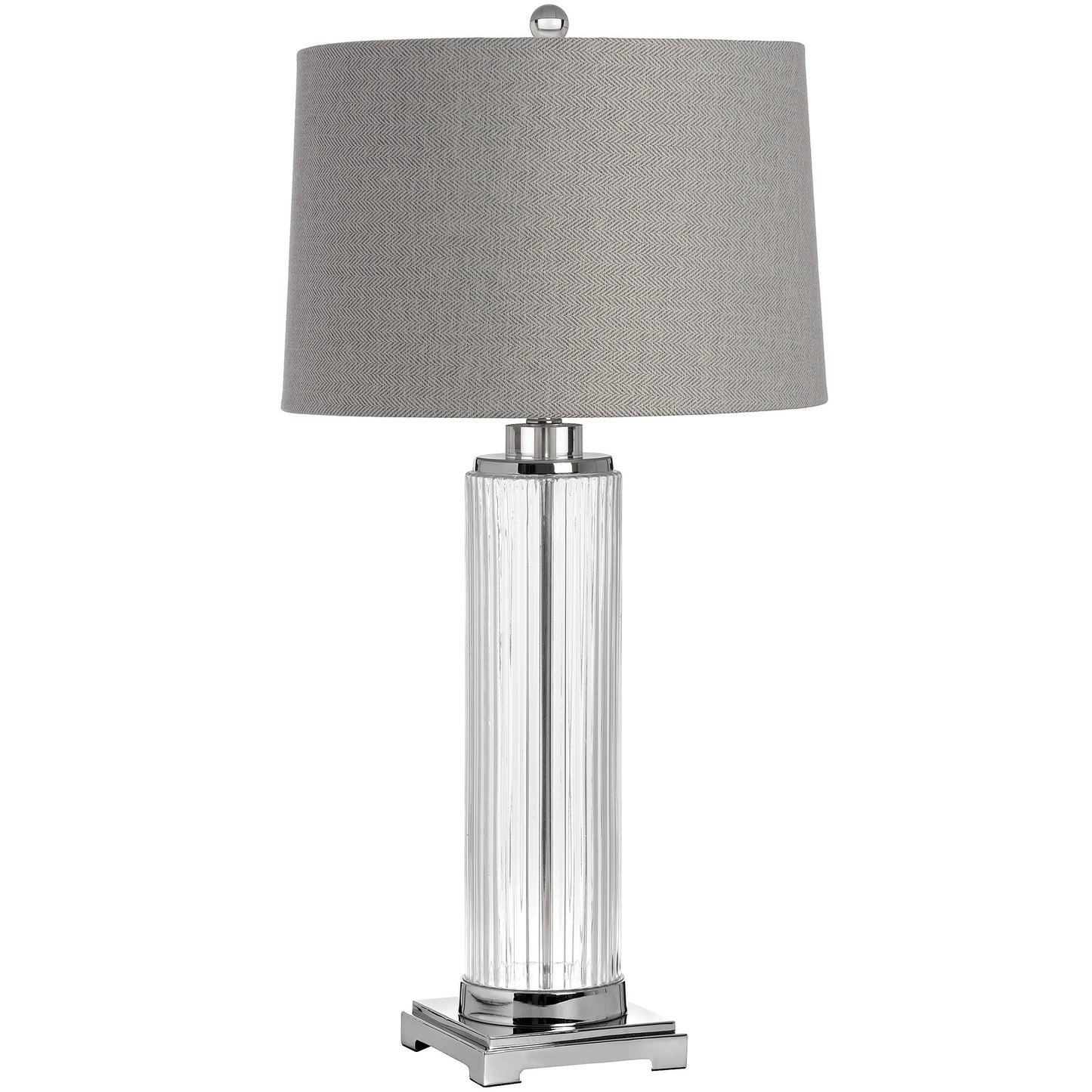 Florence Ribbed Clear Glass Table Lamp with Grey Herringbone Shade