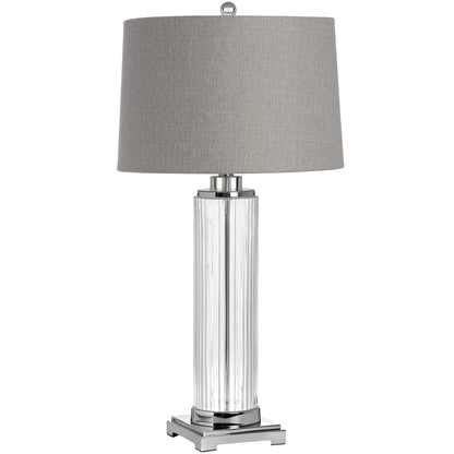 Florence Ribbed Clear Glass Table Lamp with Grey Herringbone Shade