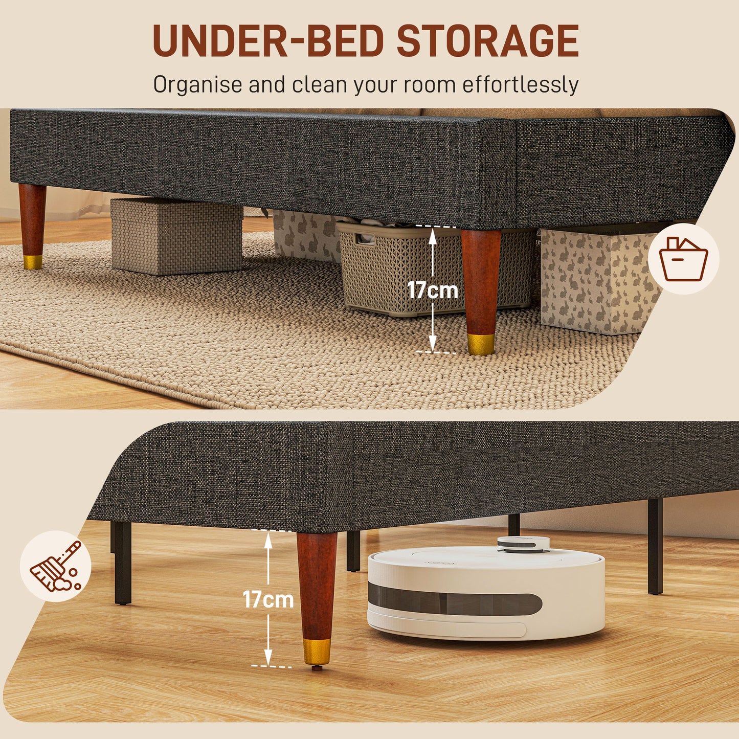 Narane 5FT Grey Upholstered King Bed Frame With Slatted Base and Fruitwood Legs