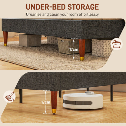 Narane 5FT Grey Upholstered King Bed Frame With Slatted Base and Fruitwood Legs