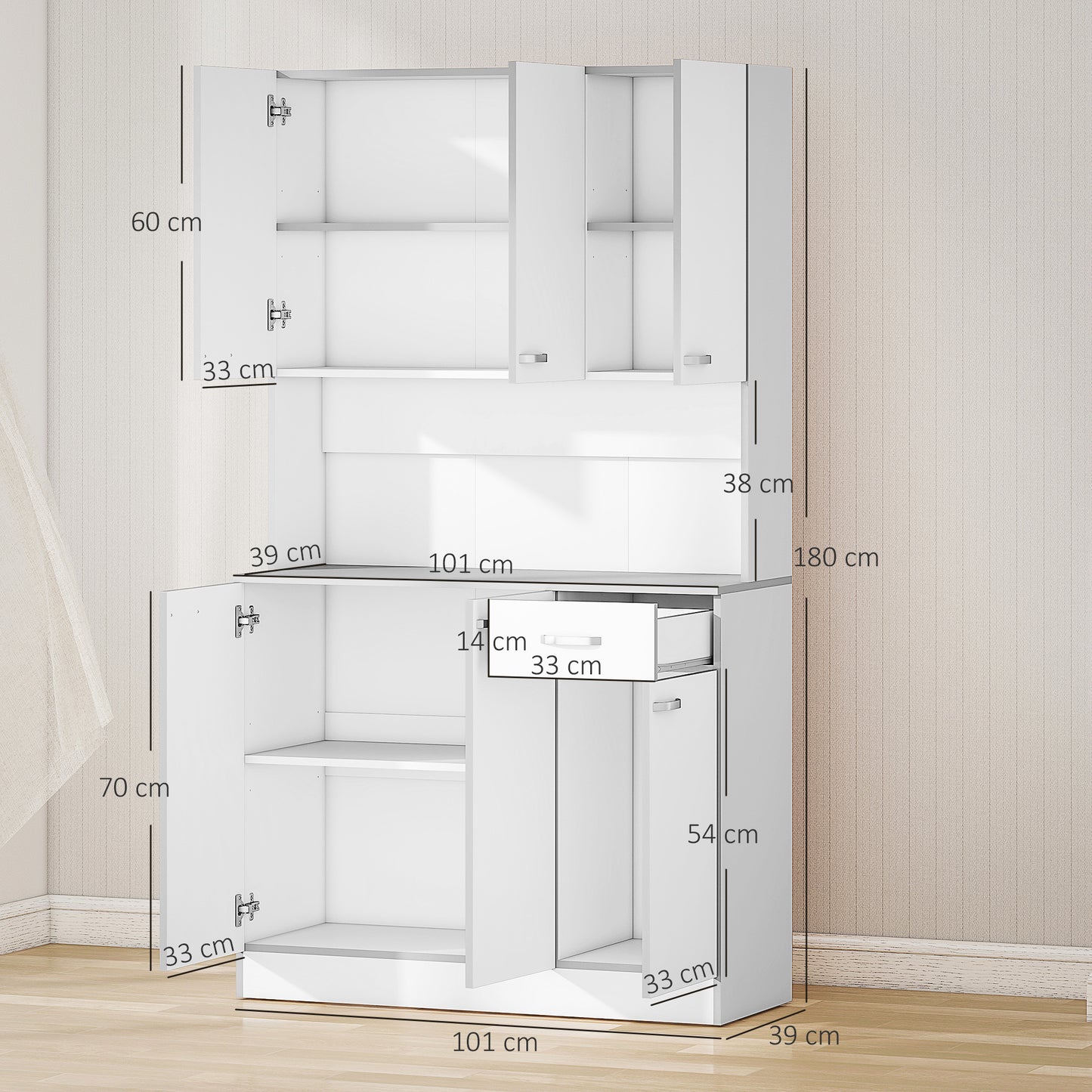 Tovesu Wooden White Large Kitchen Cupboard With 6 Doors 1 Drawer 5 Shelves And Countertop