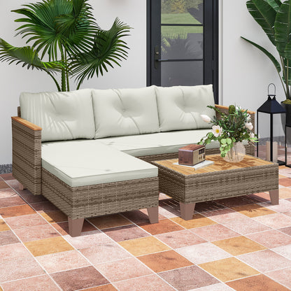 Serado Natural Rattan and Cream Fabric 3 Piece L Shaped Outdoor Conversation Set With Wood Top Table