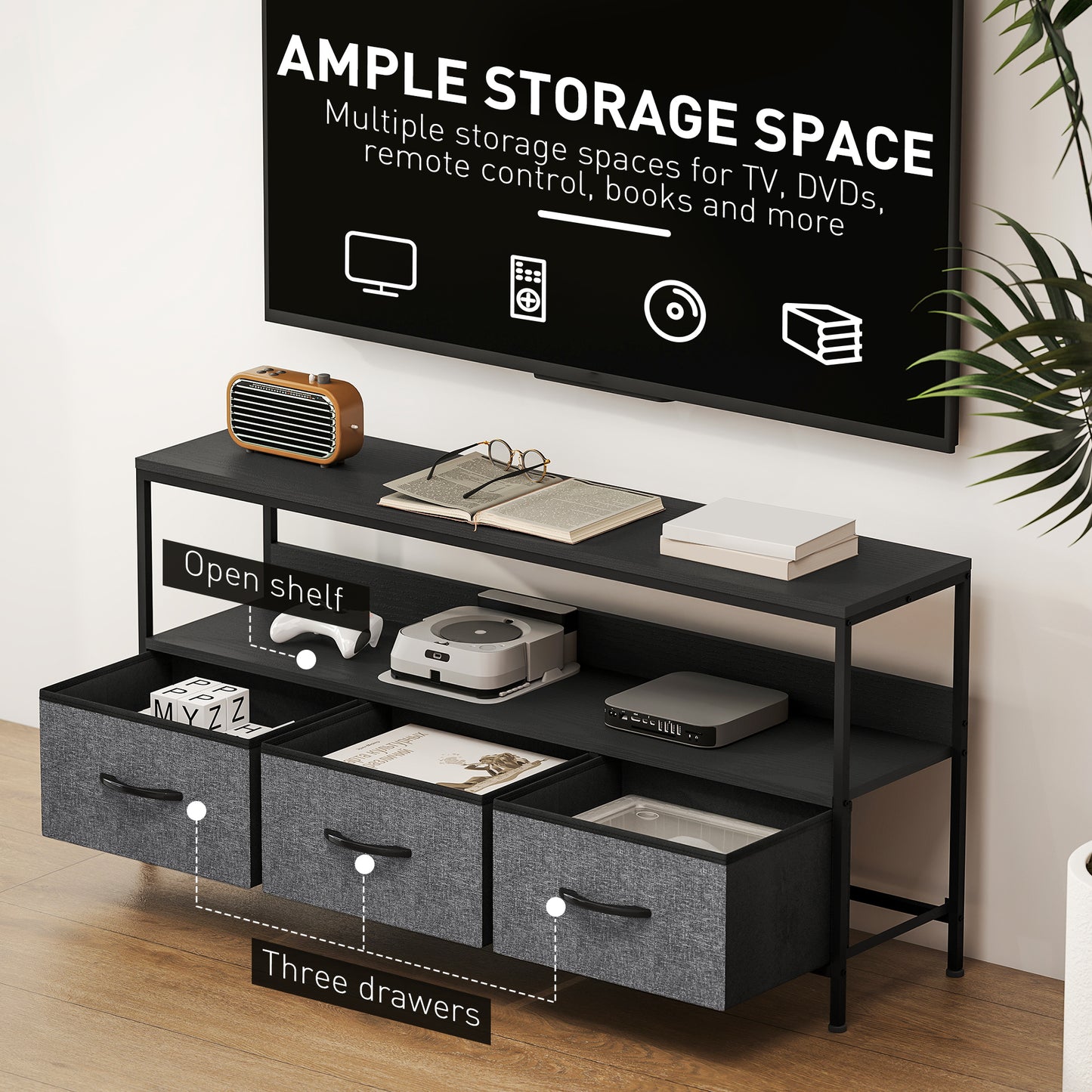Avanor 120cm Black TV Storage Unit With 3 Fold Down Fabric Drawers
