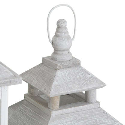 Set Of 3 White Washed Rustic Wood and Glass Panel Lanterns With Open Top