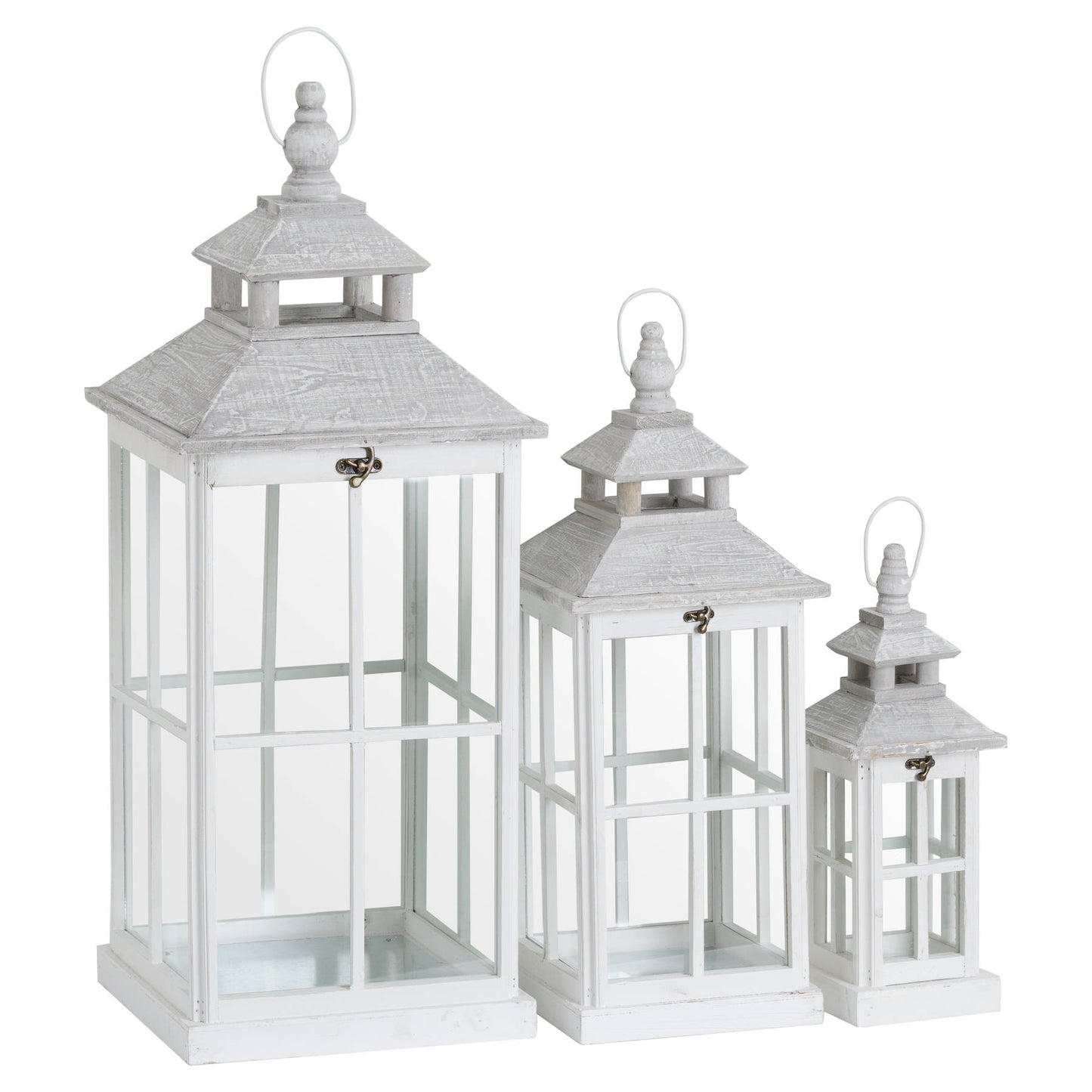 Set Of 3 White Washed Rustic Wood and Glass Panel Lanterns With Open Top