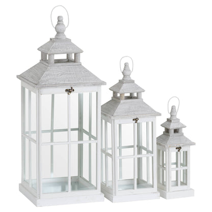 Set Of 3 White Washed Rustic Wood and Glass Panel Lanterns With Open Top