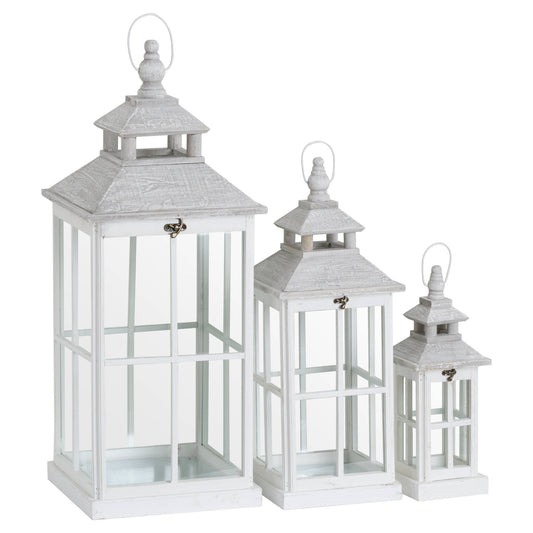 Set Of 3 White Washed Rustic Wood and Glass Panel Lanterns With Open Top