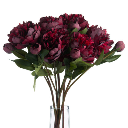 Set of 3 Artificial Flowers Burgundy Peony Rose Stems