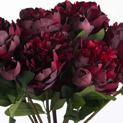 Set of 3 Artificial Flowers Burgundy Peony Rose Stems