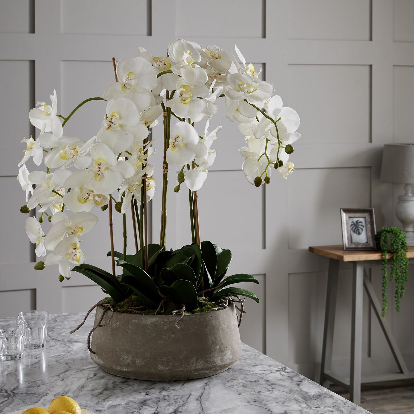 Artificial Flowers Large White Orchid in Stone Pots