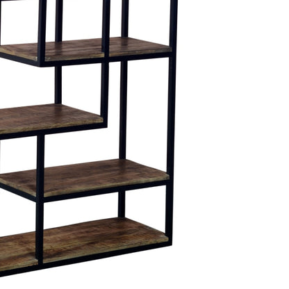 Multi Shelf Industrial Wood and Black Metal Multi Tier Shelving Unit