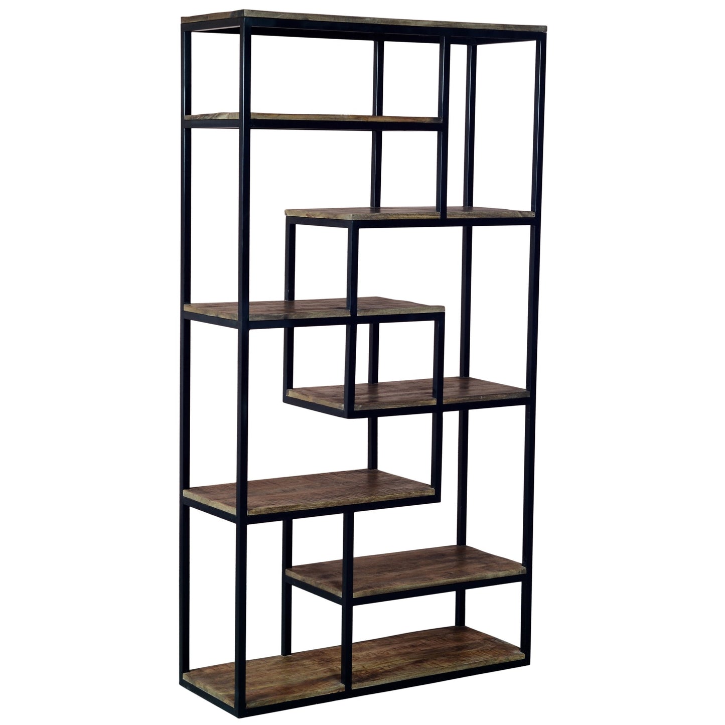 Multi Shelf Industrial Wood and Black Metal Multi Tier Shelving Unit