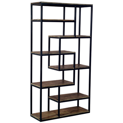 Multi Shelf Industrial Wood and Black Metal Multi Tier Shelving Unit