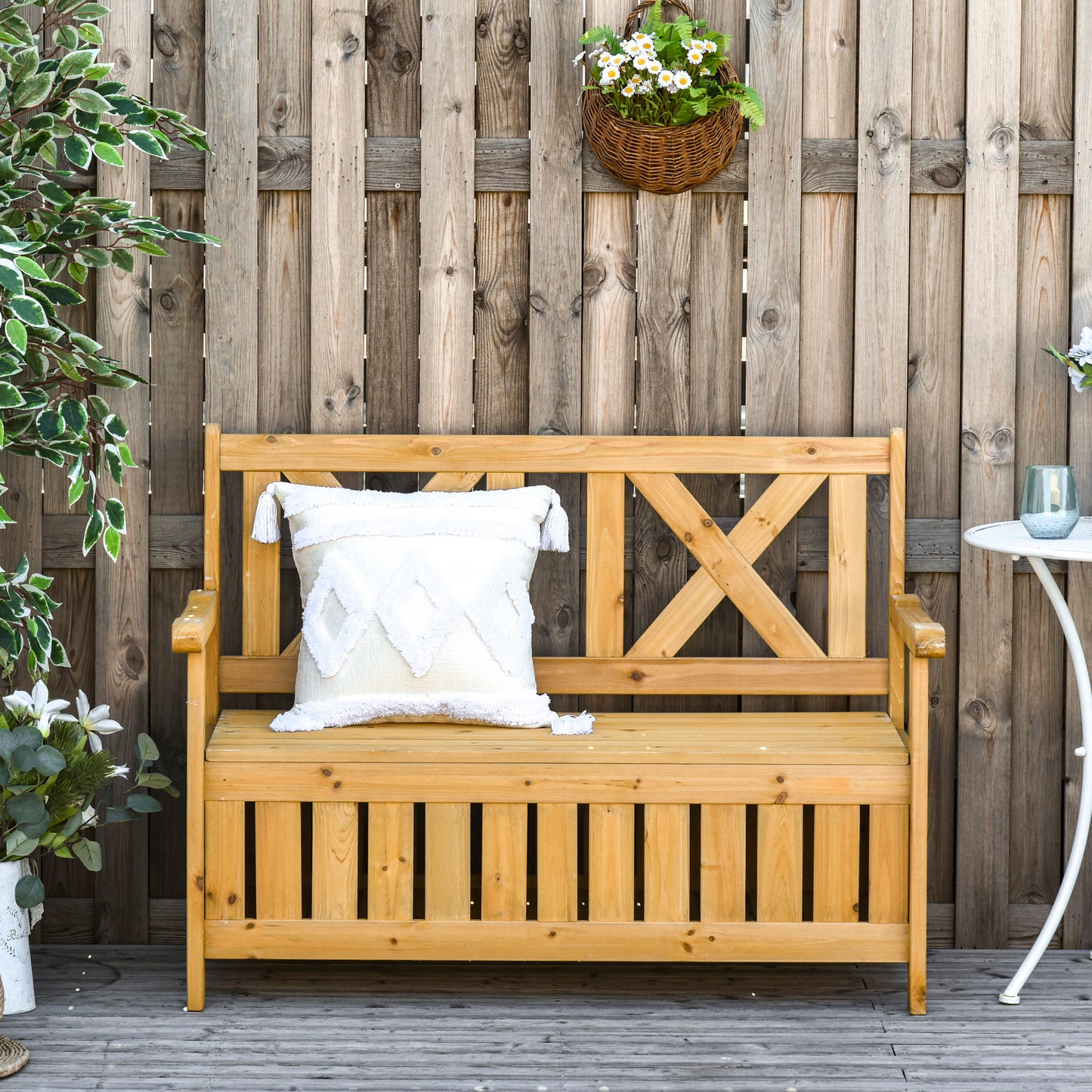 Letore Wood Natural 2 Seater Outdoor Garden Storage Bench Slatted Frame