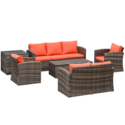 Toleli Brown Rattan Orange Cushions 7 Seater Outdoor Sofa Set With Storage Tables