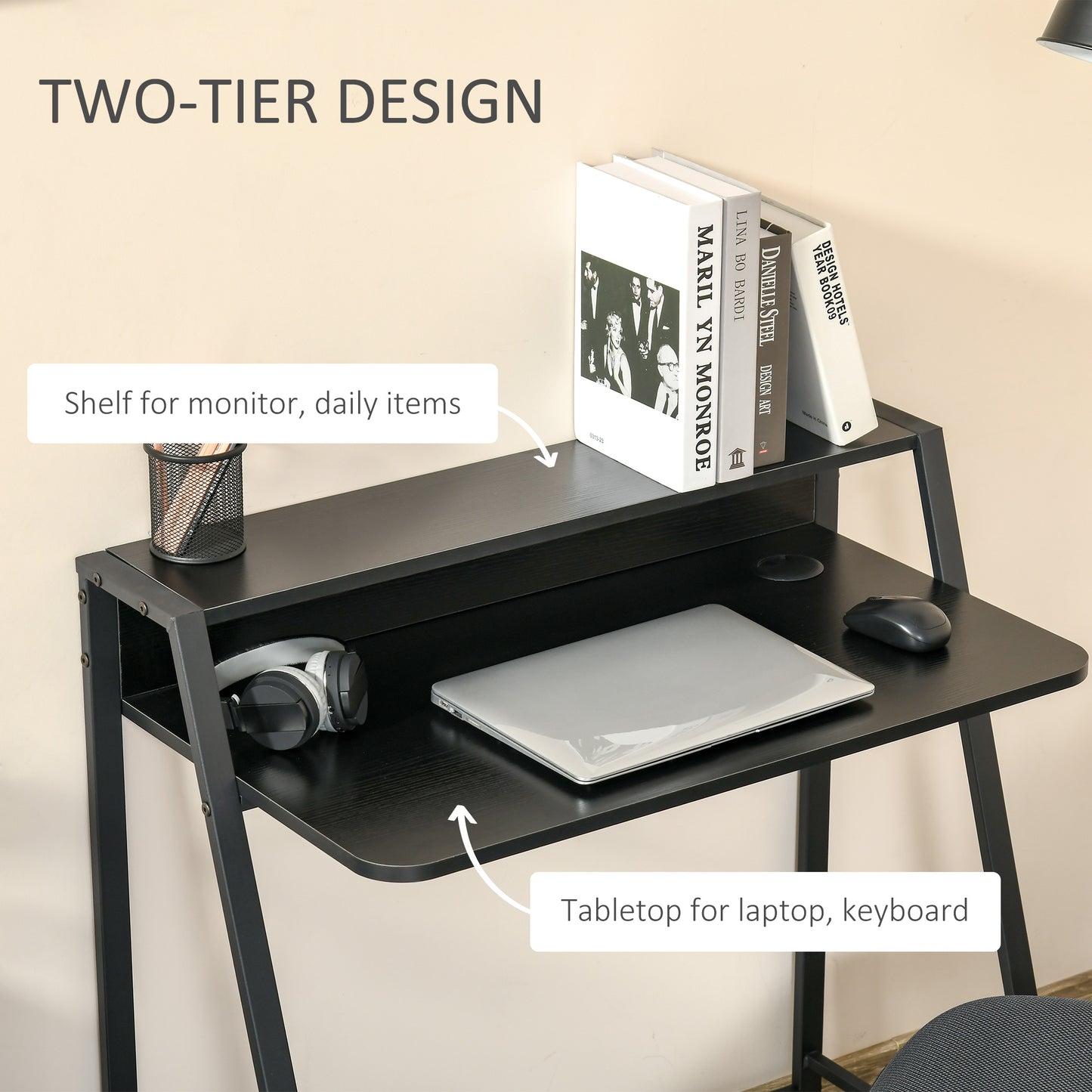 Havi 84cm Wooden Black Compact Writing Desk With Integrated Storage Shelving