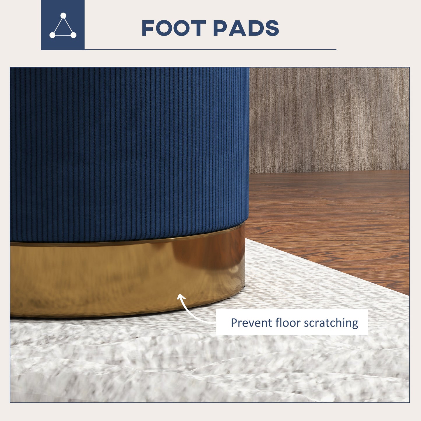Tamo Bala Corduroy Dark Blue Soft Padded Footstool Gold Accent