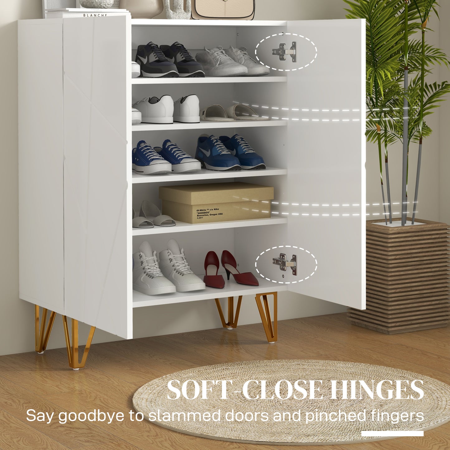 Monola Wooden White Slim Shoe Cabinet Modern Geometric Pattern For 15 To 20 Pairs