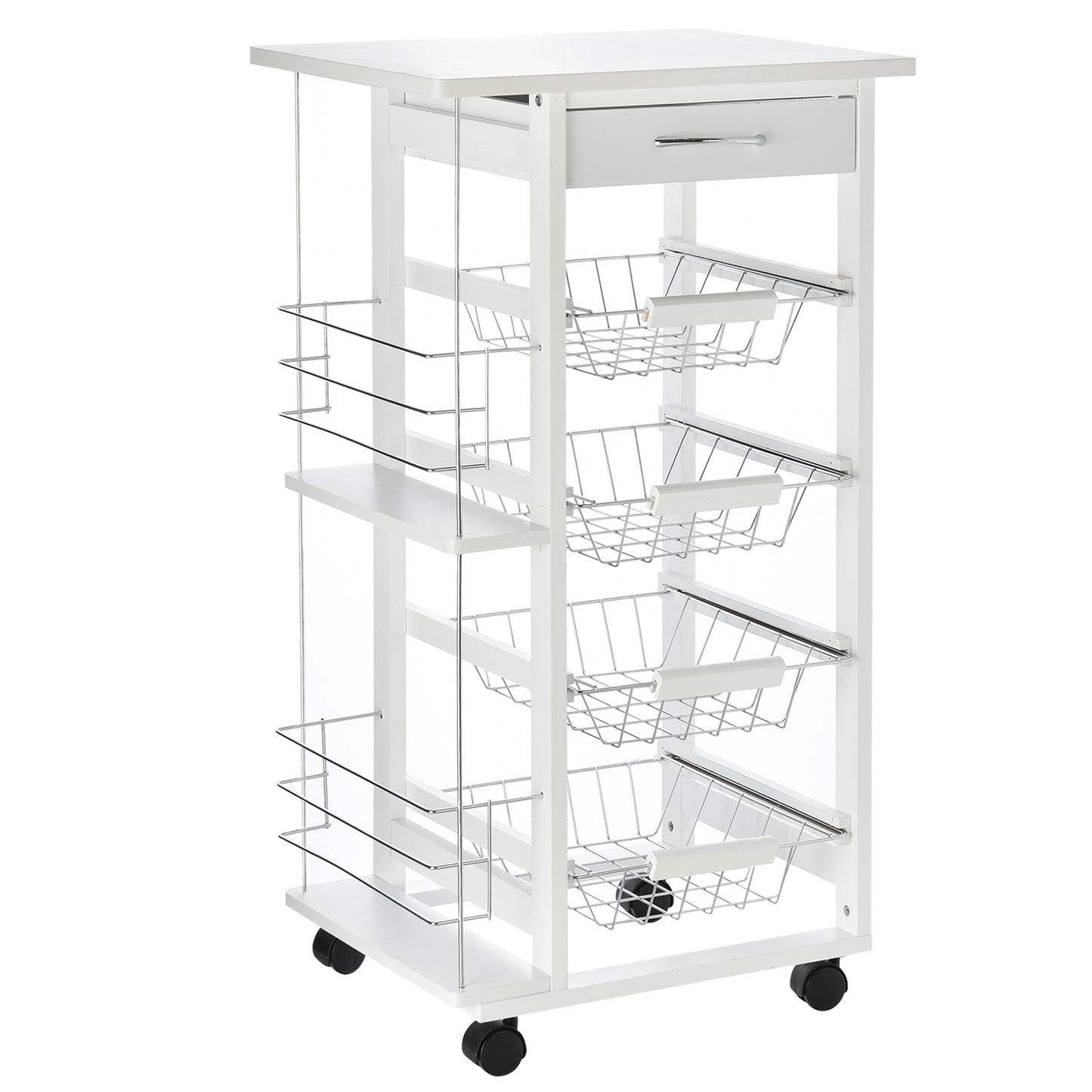 Tore Metal White Rolling Kitchen Cart With 4 Basket Drawers And Side Racks