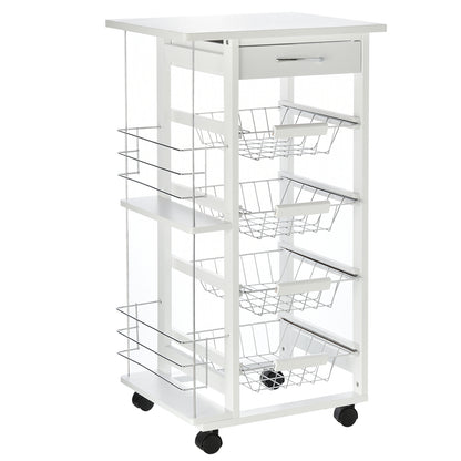 Tore Metal White Rolling Kitchen Cart With 4 Basket Drawers And Side Racks