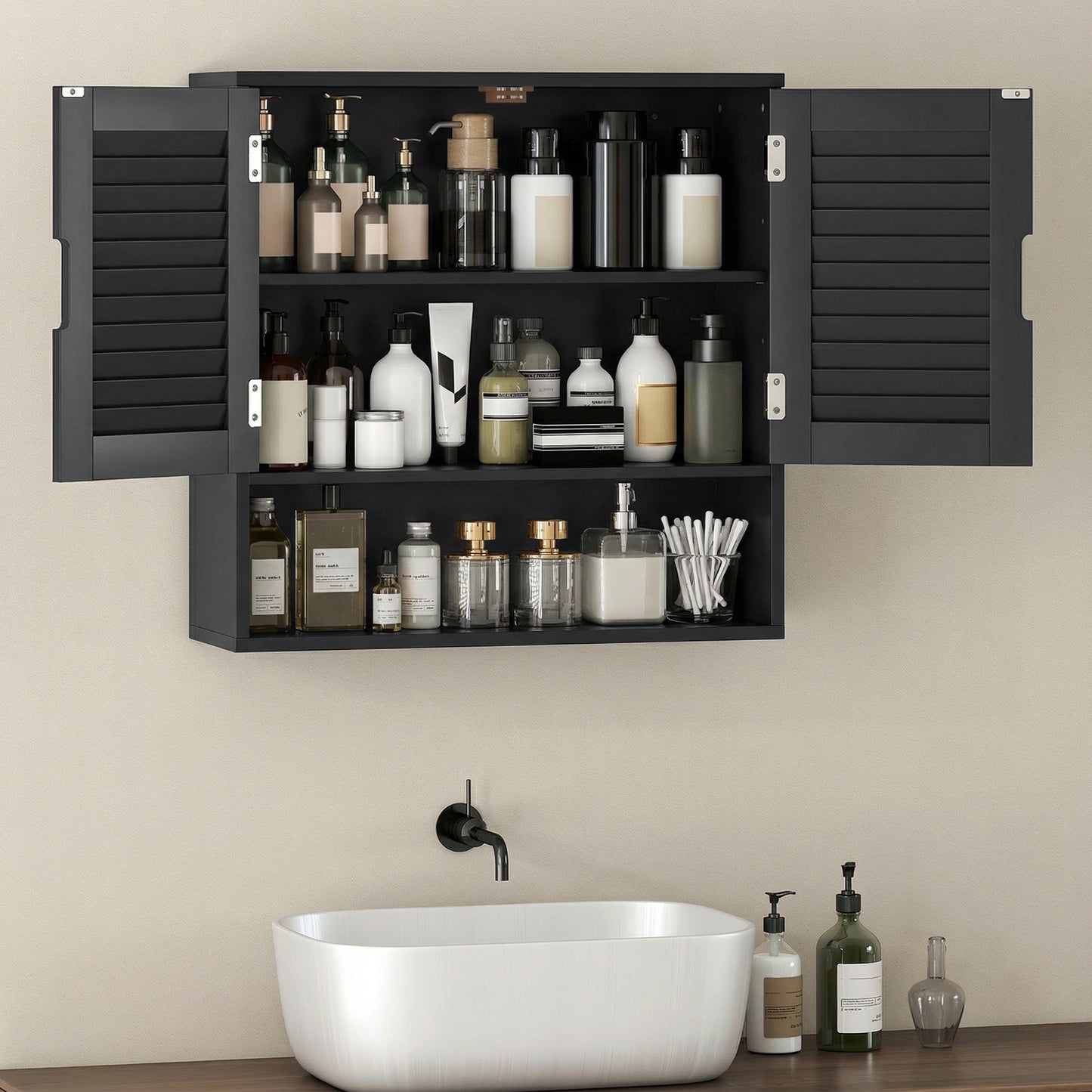 Neco Wall Mounted Bathroom Storage Cabinet With Adjustable Shelves Black 60 x 20 x 60cm