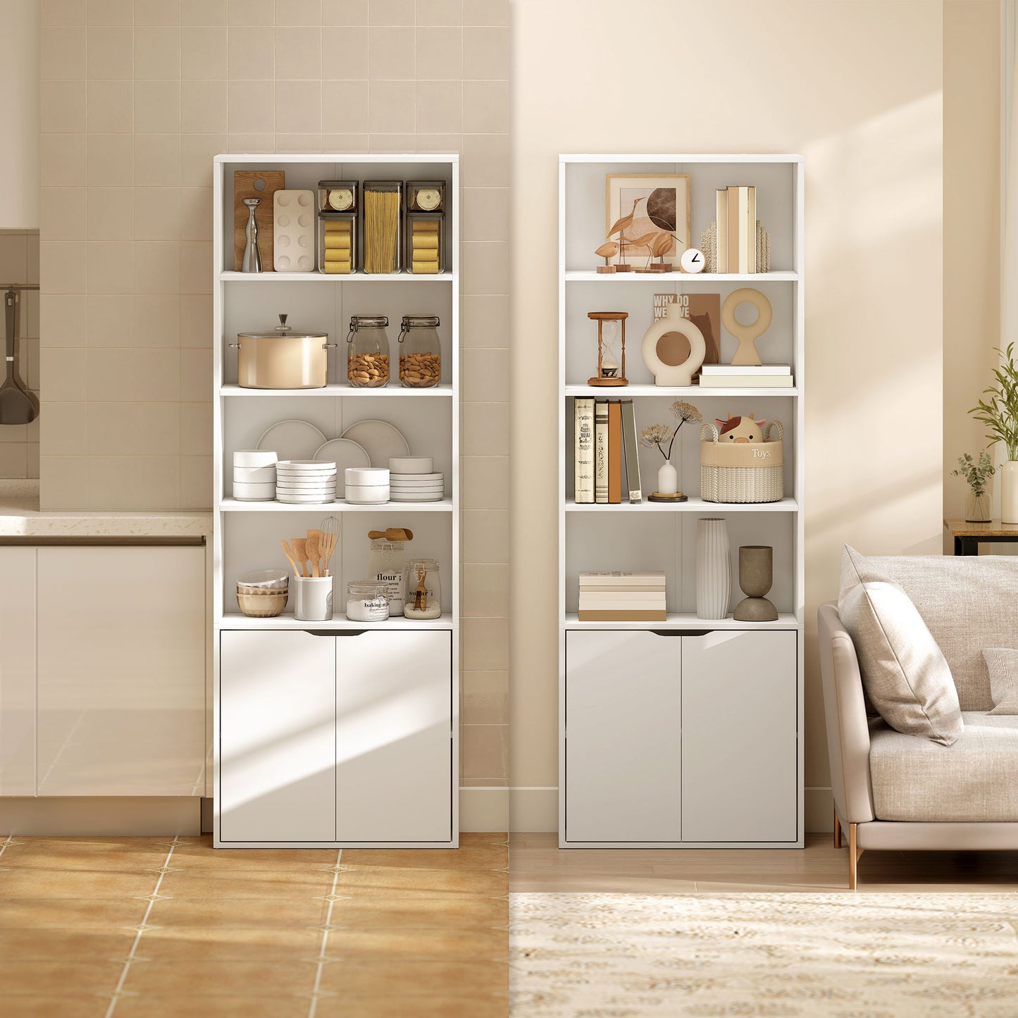 Zimo Rado Wood White 6 Tier Tall Bookcase With OFauxn Shelves And Double Door Storage 59 x 29 x 180 cm