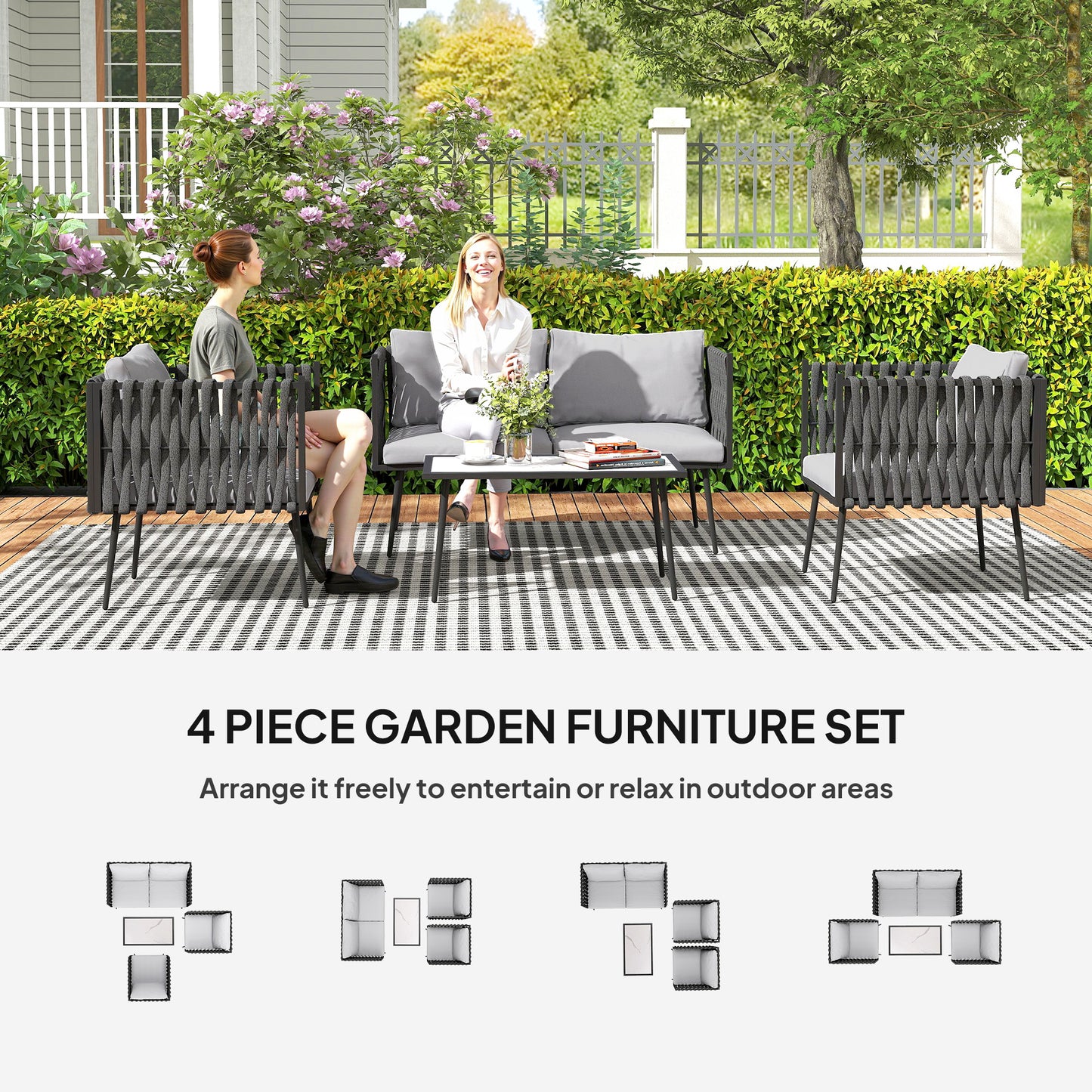 Salitte Rattan Rope Grey 4 Seater Outdoor Furniture Set With Cushions