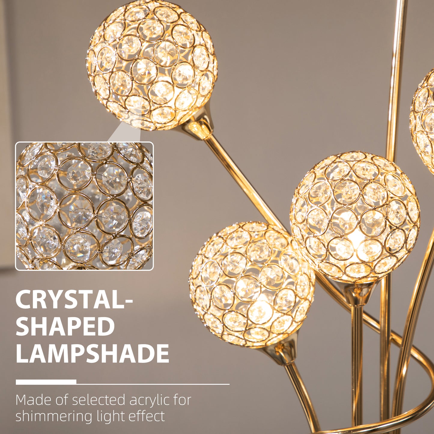 Rarodi Crystal And Metal Gold Tone 5 Light Upright Floor Lamp 156 cm