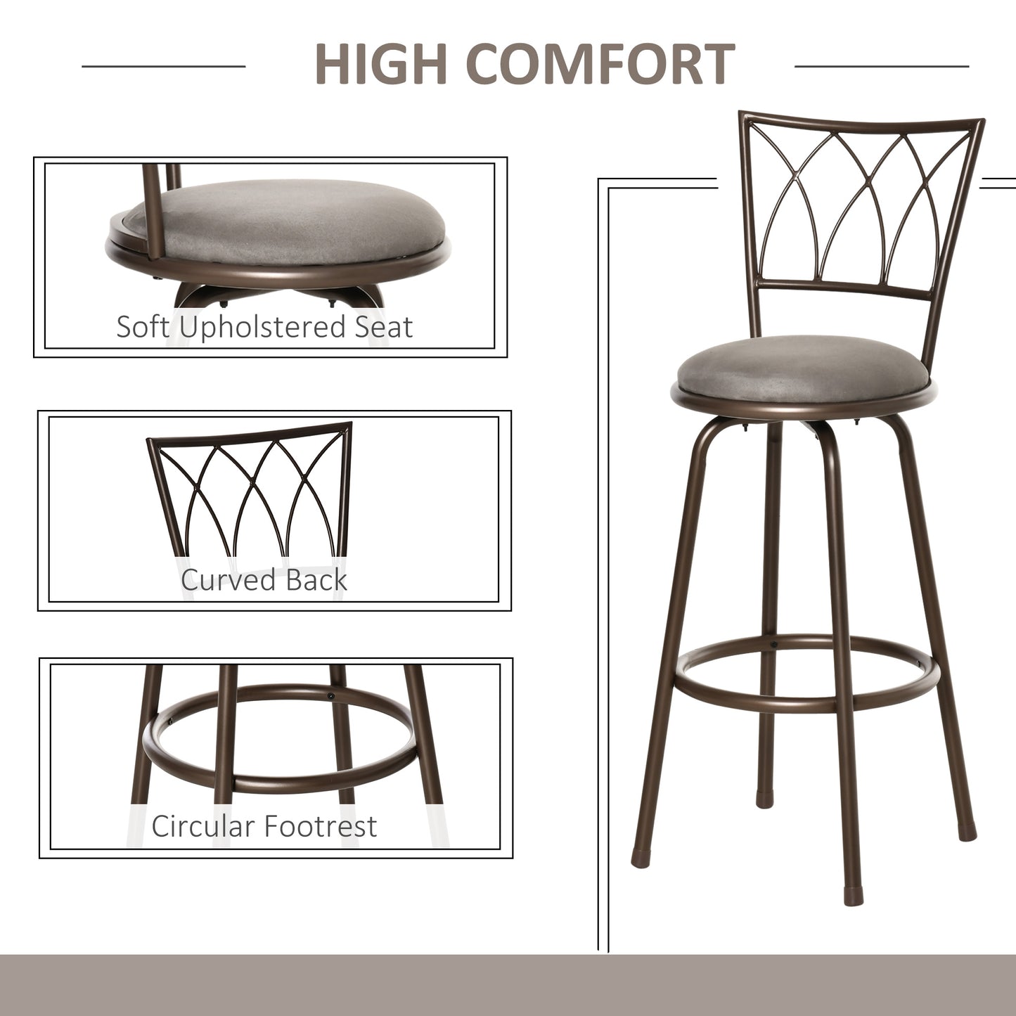 Firazi Set Of 2 Bronze Swivel Bar Chairs With Upholstered Seats And Footrests