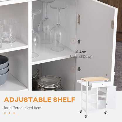 Yota Wooden White Kitchen Island On Wheels With Wood Top Shelves And Storage Cupboard