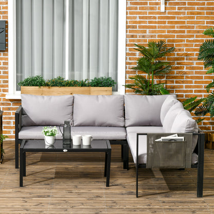 Sera 5 Seater Light Grey Garden Corner Sofa Set L Shape with Glass Top Coffee Table