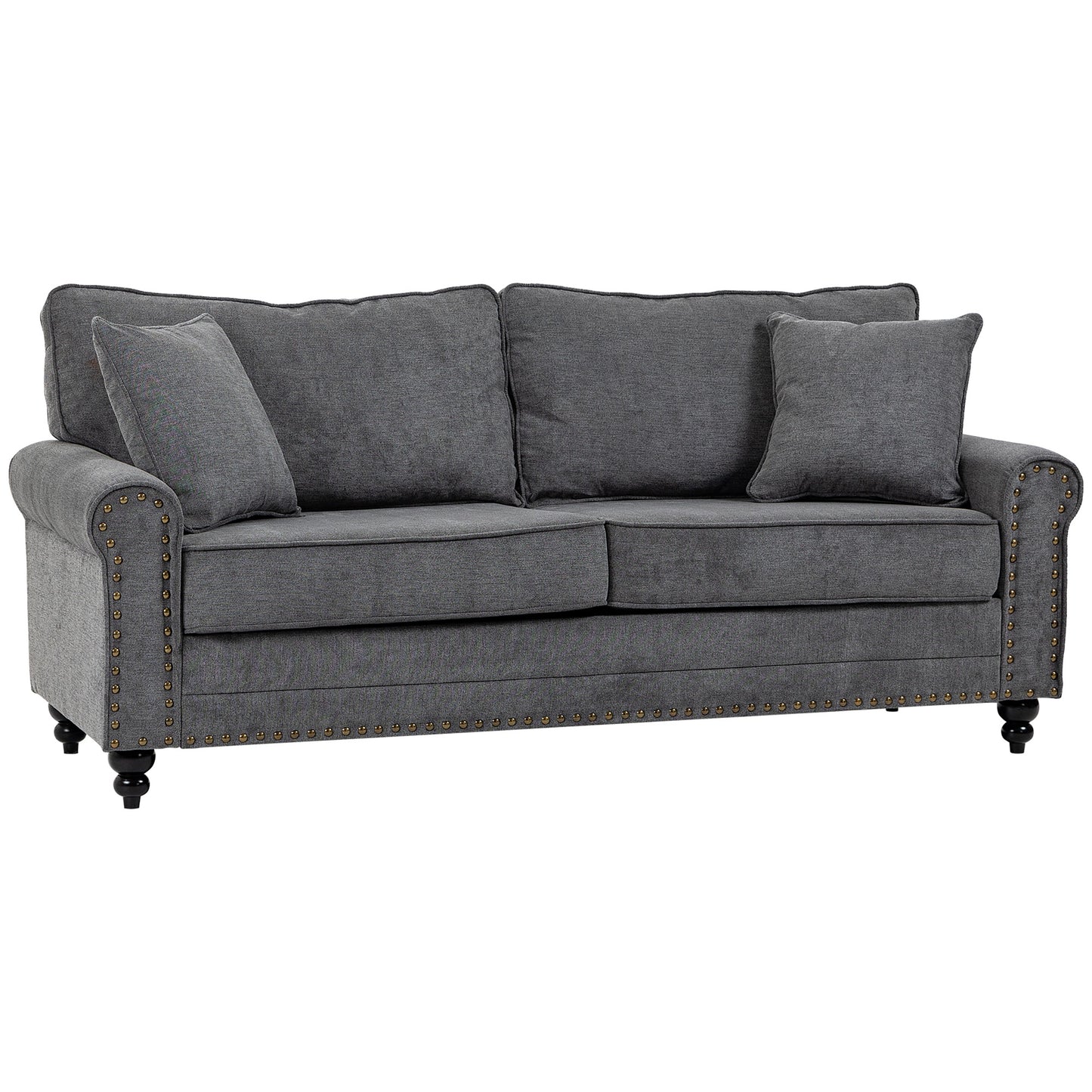 Tael Yolo Grey Fabric 3 Seater Sofa With Nail Head Trim And 2 Cushions