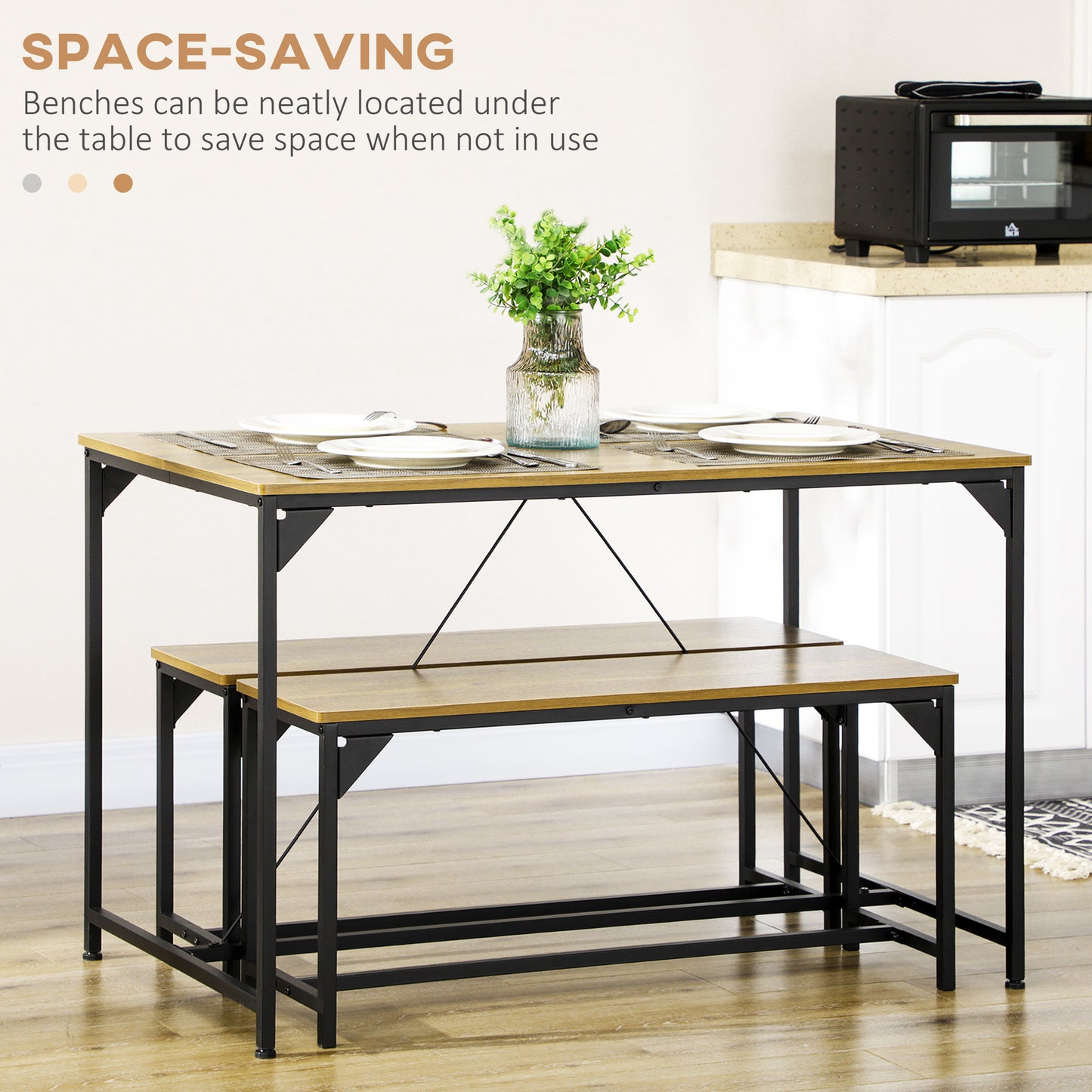 Yomaha Wooden Natural Dining Table With 2 Benches Seating 4
