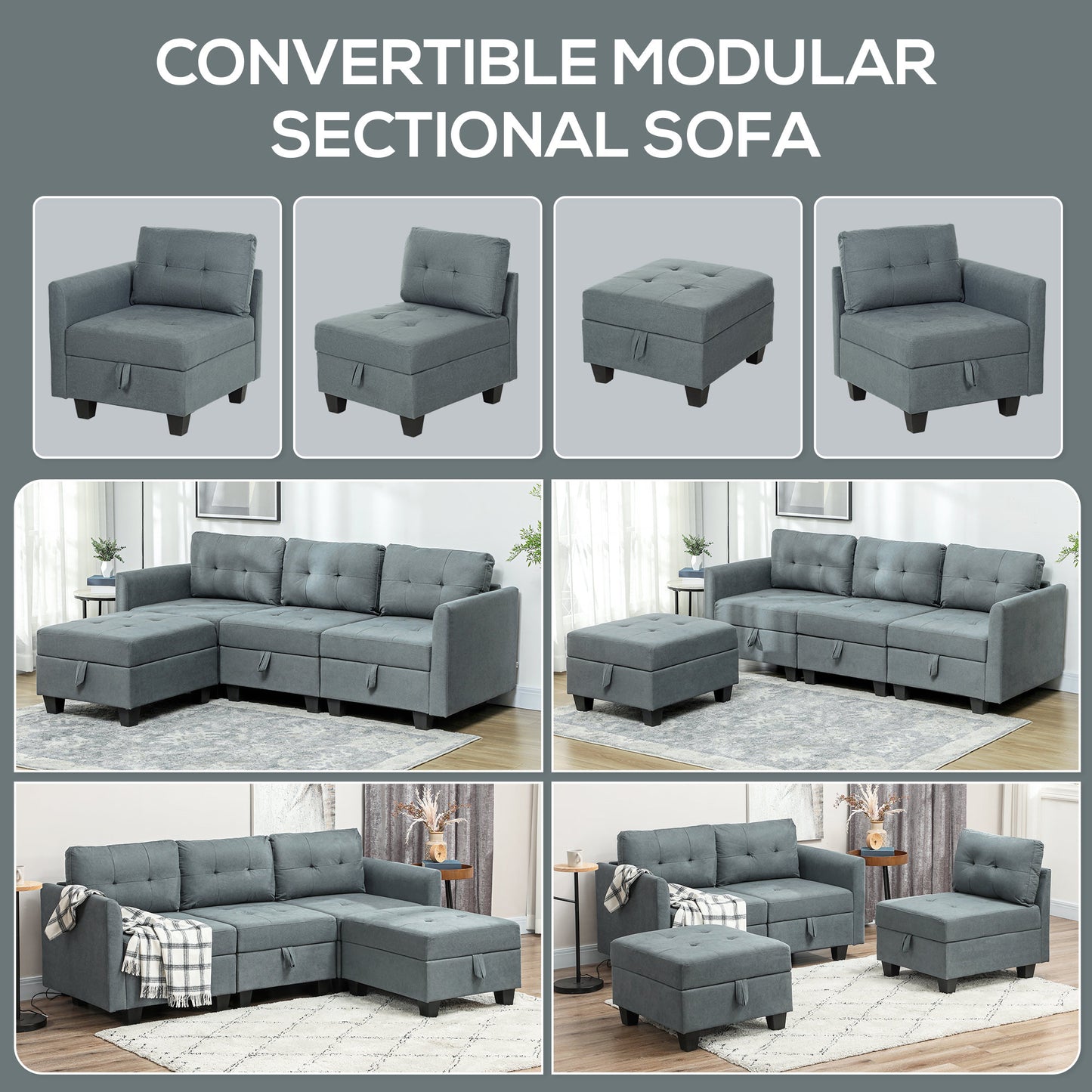 Vinole Rado Fabric Dark Grey Modular L ShaFauxd Sofa With Built In Storage